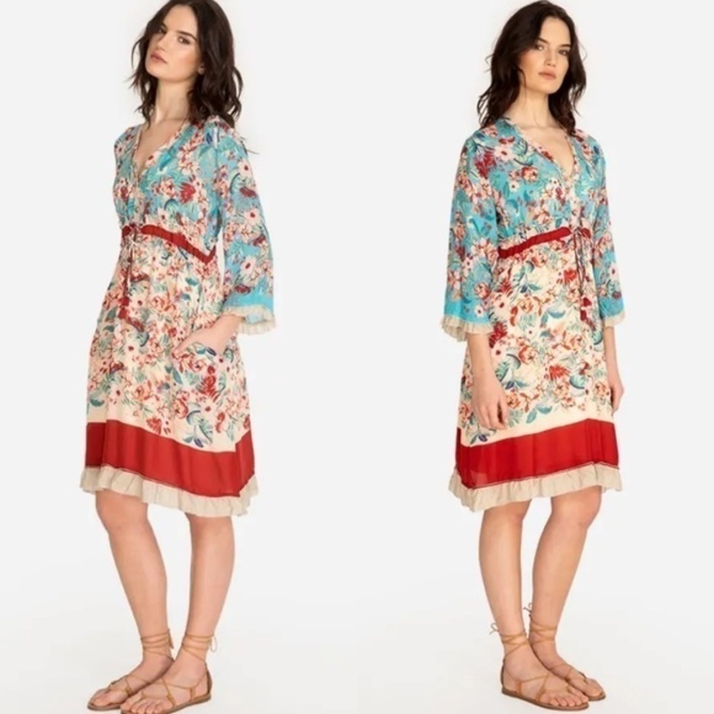 Johnny Was long sleeves floral adjustable waist tie button front closure dress - Picture 2 of 15